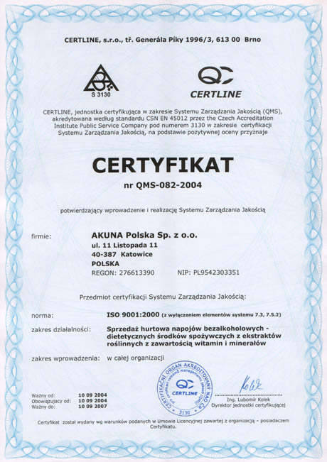 Certyfikat ISO 9001:2000 dla Akuna Polska 